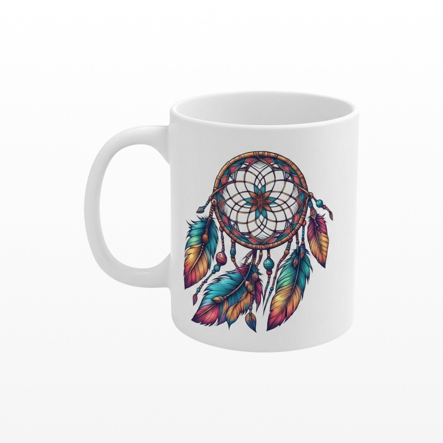 Illustrated Solutions Store 11oz ceramic mug with a colorful boho dreamcatcher design and turquoise center.