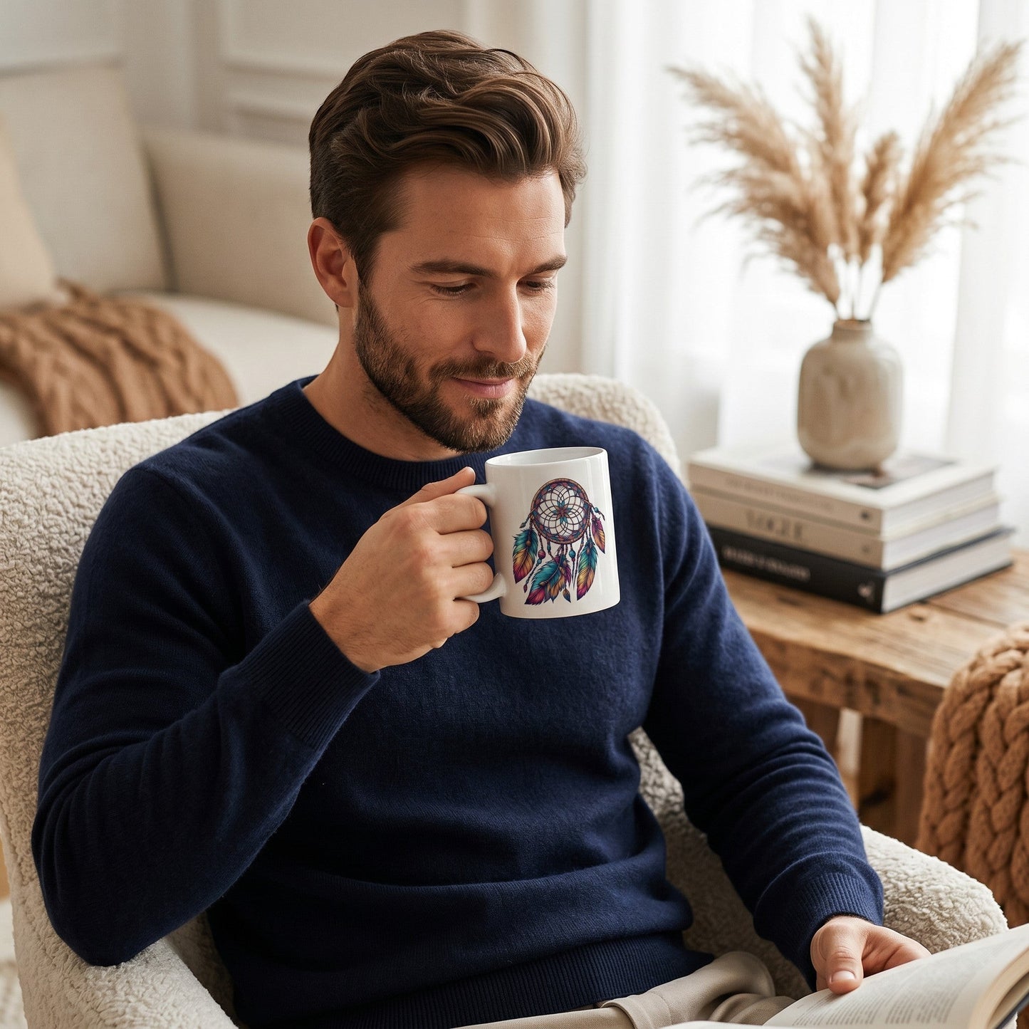 Man in navy sweater holding an Illustrated Solutions Store ceramic mug with a floral dreamcatcher design.
