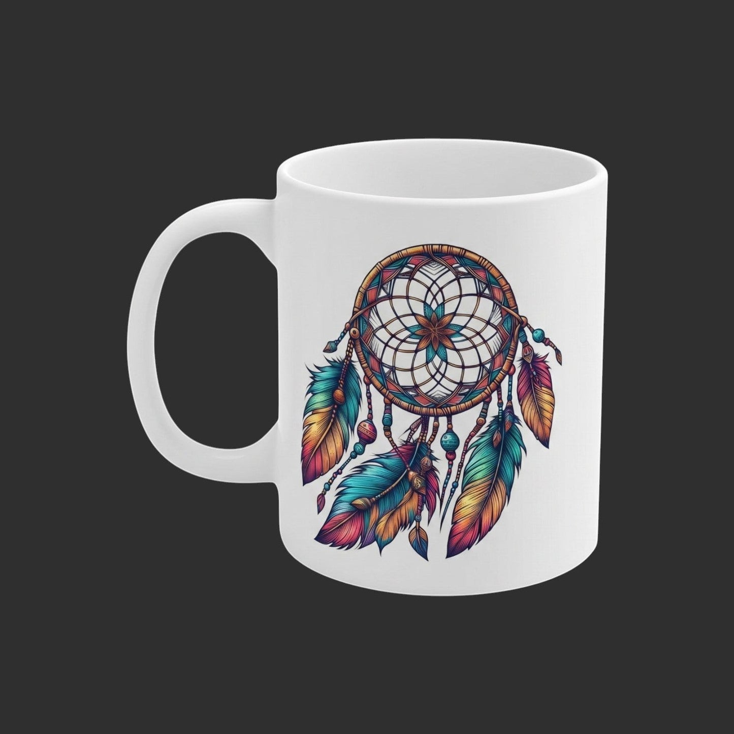 Illustrated Solutions Store 11oz ceramic mug with a colorful boho dreamcatcher design featuring feathers and turquoise