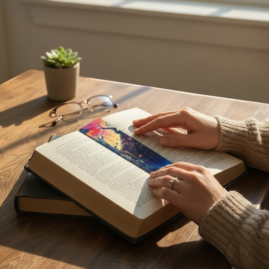 Illustrated Solutions Store leather bookmark featuring a vibrant, surreal dreamscape stairway. Perfect for readers. Bookmark placed inside a book.