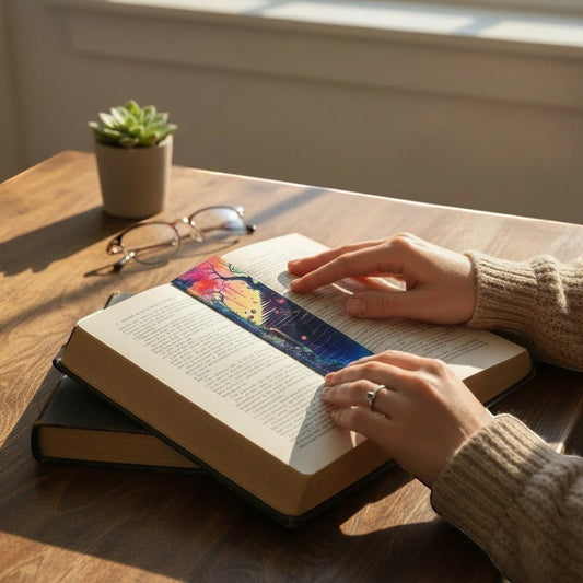 Illustrated Solutions Store leather bookmark featuring a vibrant, surreal dreamscape stairway. Perfect for readers. Bookmark placed inside a book.