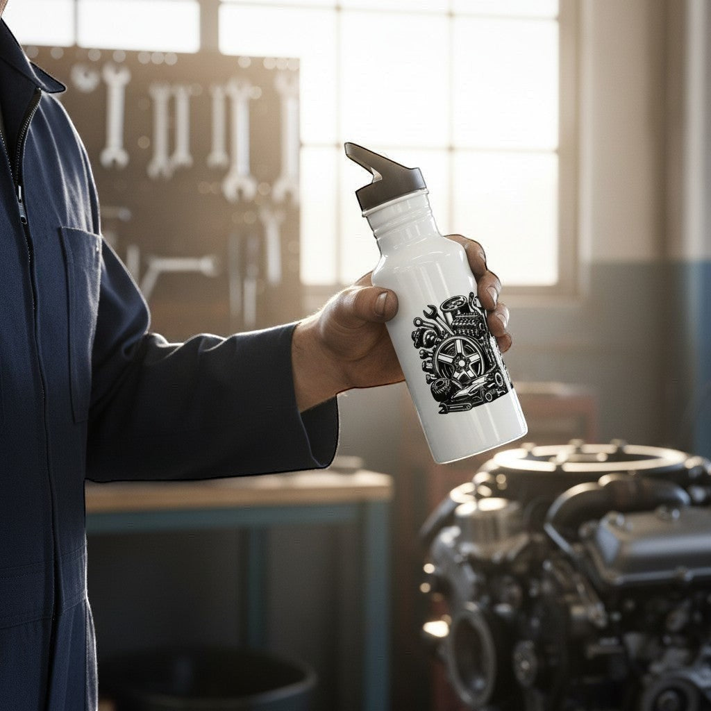 Illustrated Solutions Store white water bottle with black engine parts graphic, black lid, held by person in blue overalls.