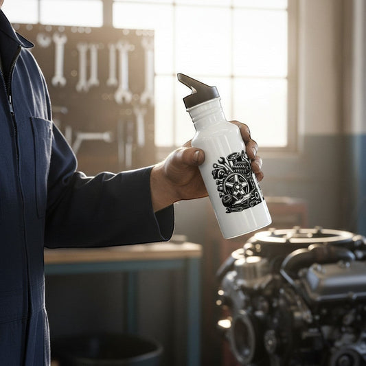 Illustrated Solutions Store white water bottle with black engine parts graphic, black lid, held by person in blue overalls.