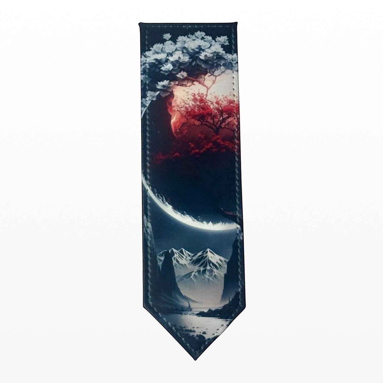 Illustrated Solutions Store premium PU leather bookmark with a fantasy landscape featuring a red moon, cherry blossoms, and snowy mountains.
