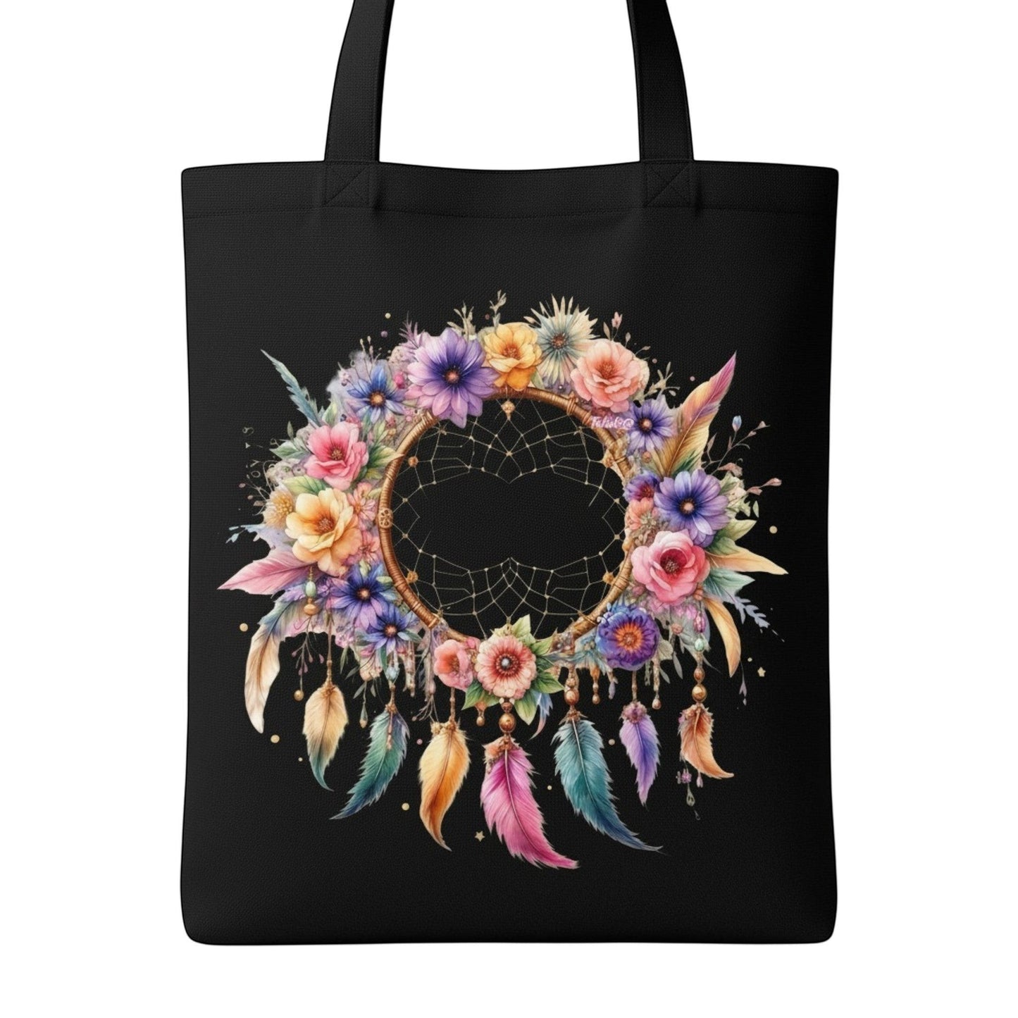 Illustrated Solutions Store black canvas tote bag featuring a vibrant floral dreamcatcher design with colourful feathers. Close-up view.