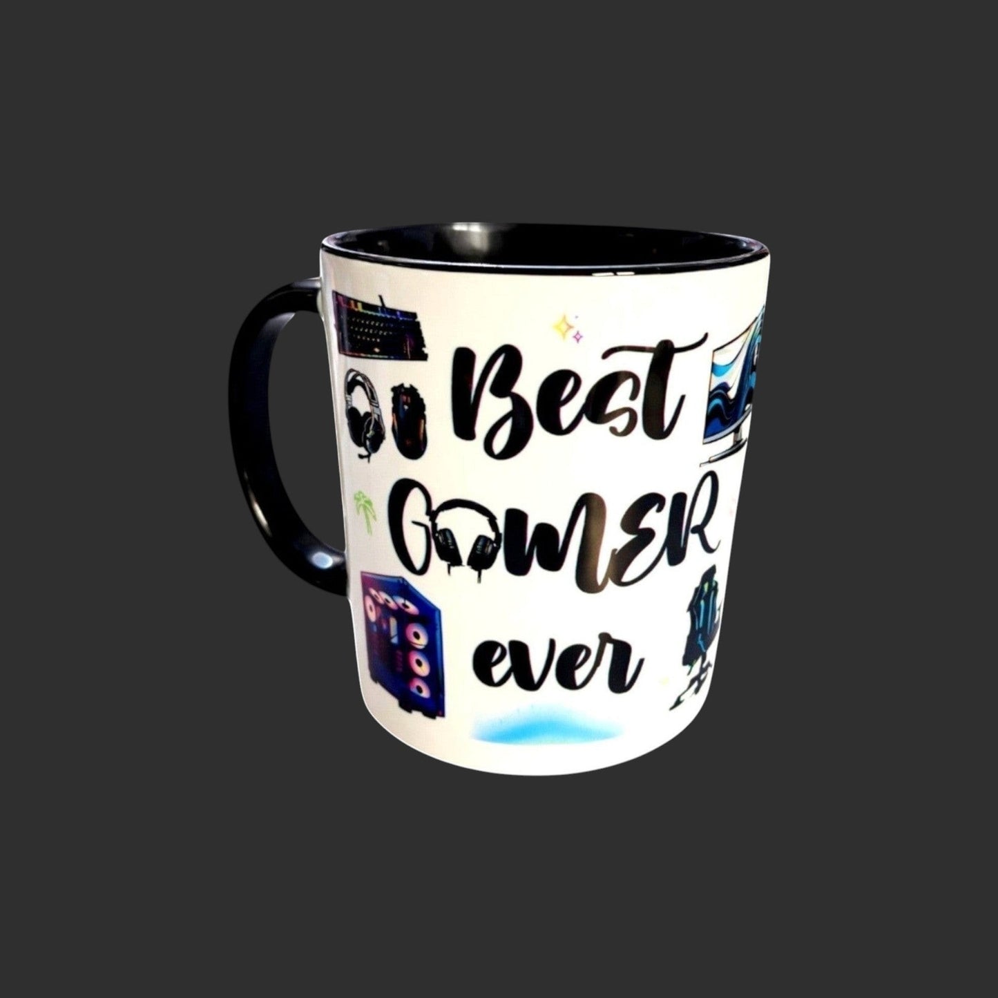 Illustrated Solutions Store gaming mug with 'Best Gamer Ever' text and gaming icons like keyboard, headphones, and PC.