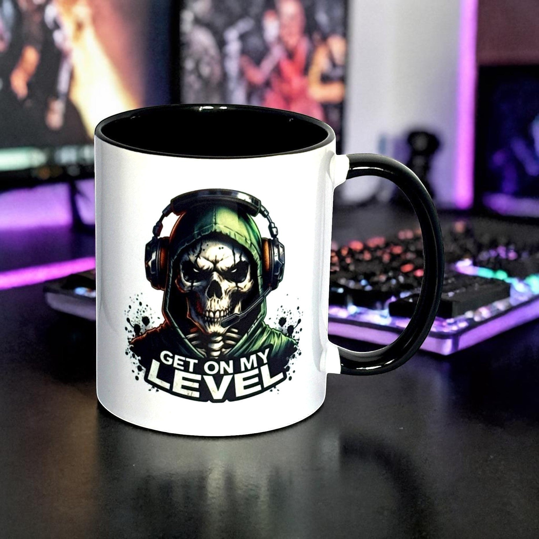 Illustrated Solutions Store white ceramic mug with black handle and interior, featuring a skull gamer design with headset and the text "Get On My Level".