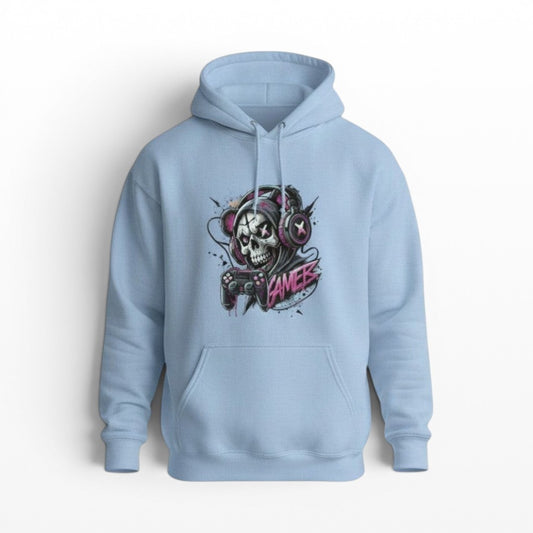 Illustrated Solutions Store light blue cotton hoodie with a skull gamer graphic wearing headphones and holding a controller.