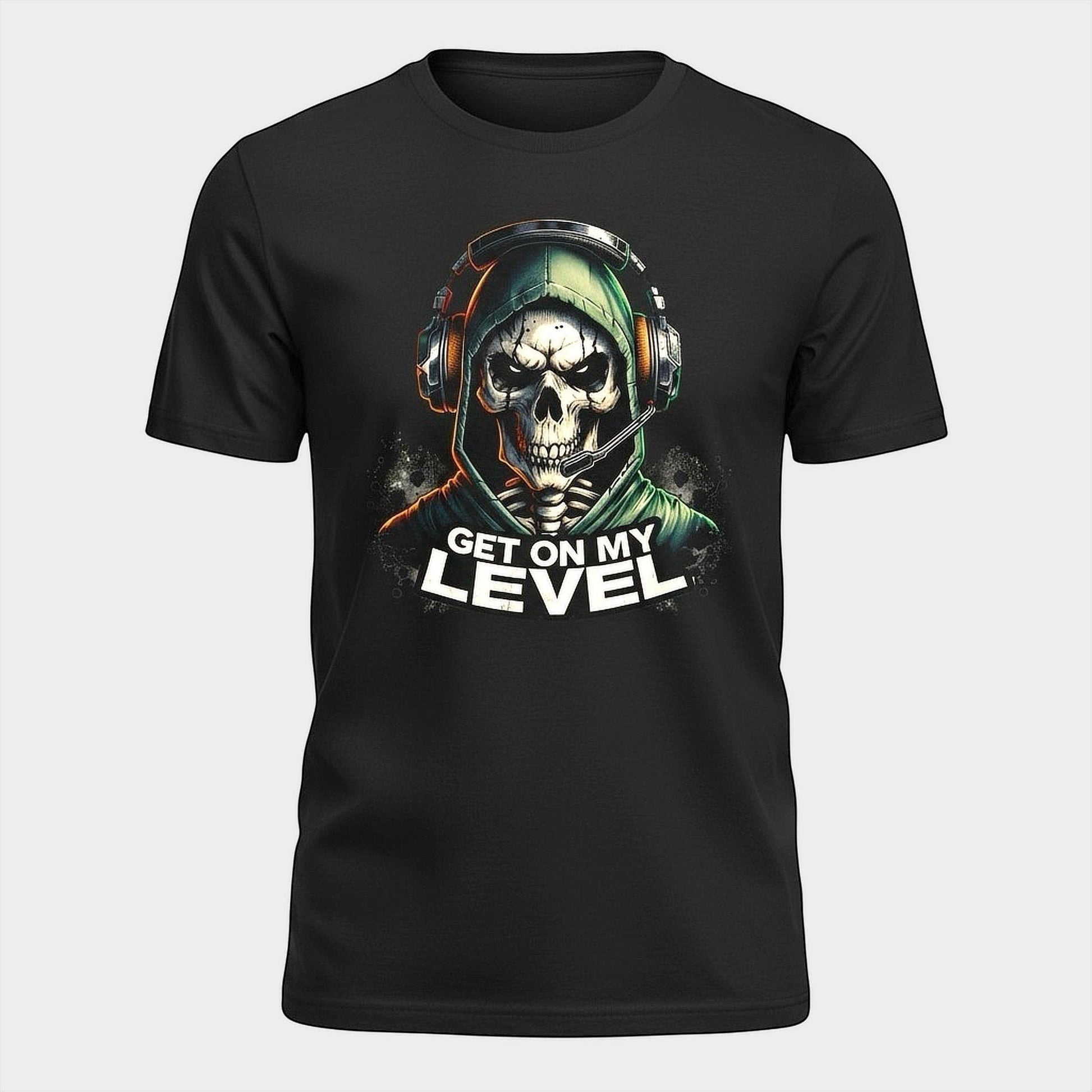 Illustrated Solutions Store black cotton gaming t-shirt with a skull wearing a headset and the text "Get On My Level".