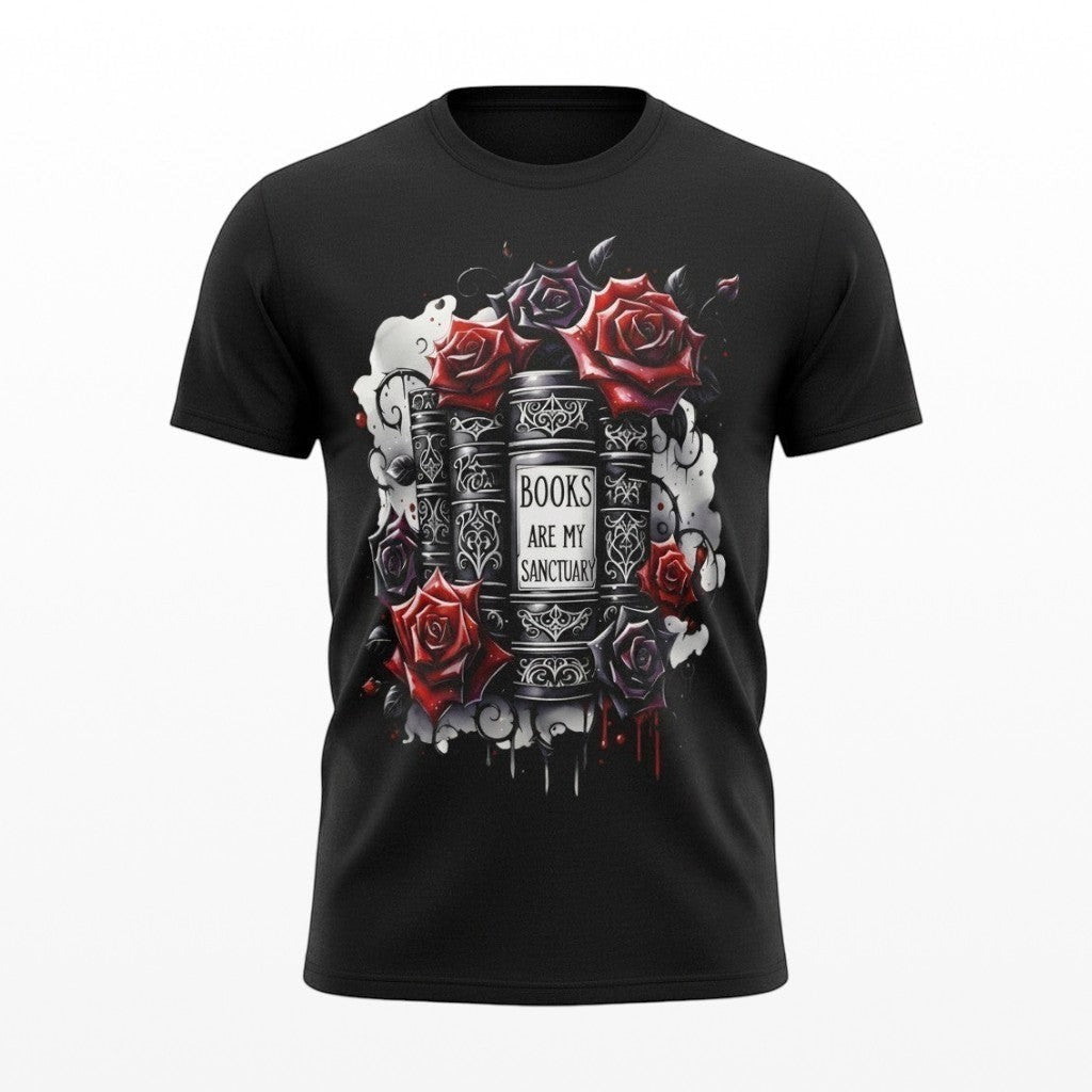 Illustrated Solutions Store black unisex t-shirt featuring gothic books and red roses with Books Are My Sanctuary text