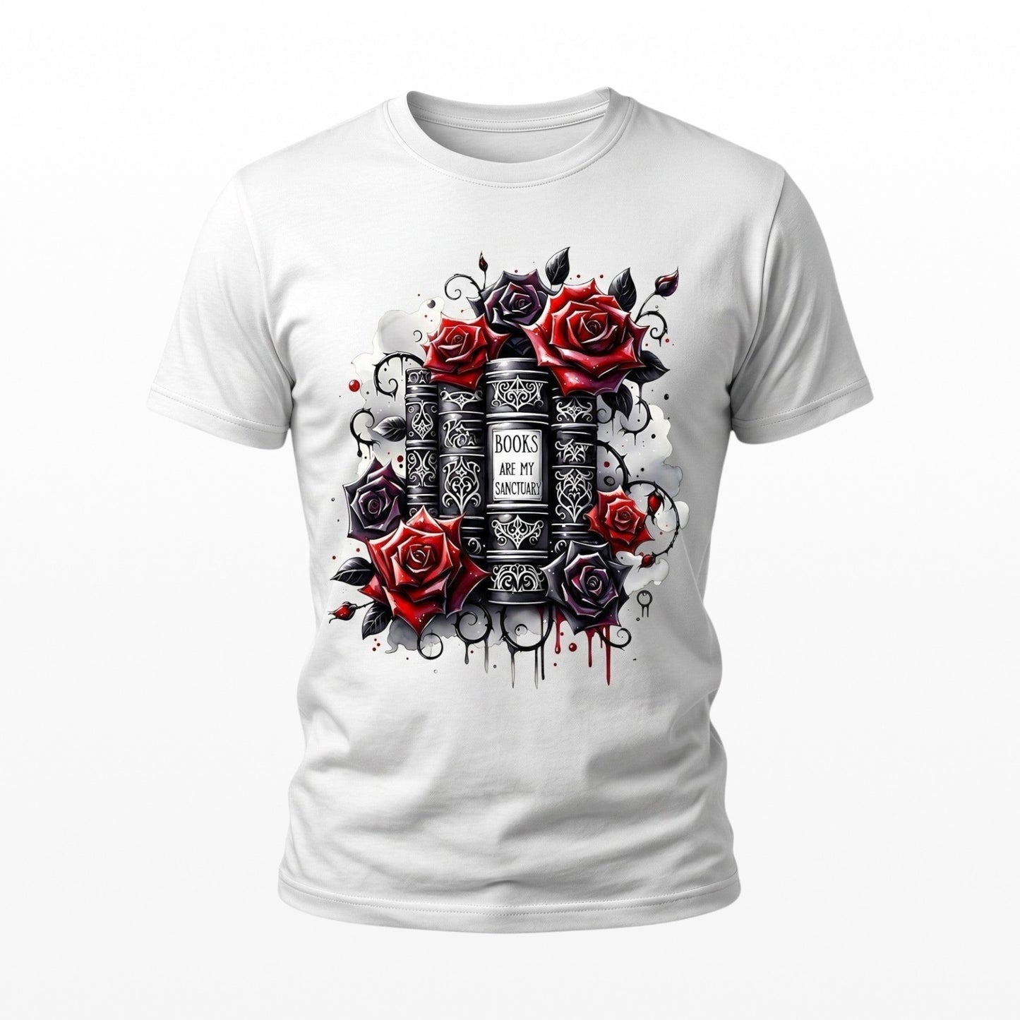 Illustrated Solutions Store white unisex t-shirt featuring gothic books and red and black roses graphic print.