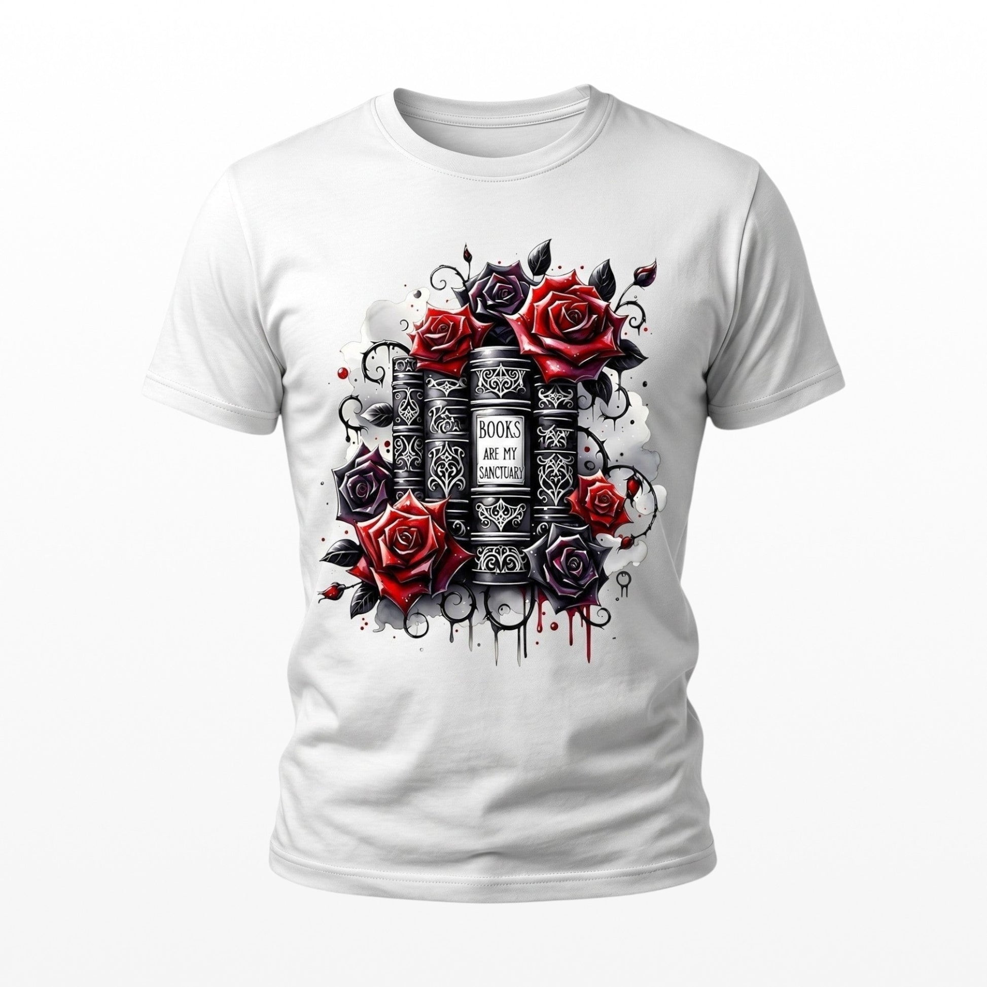 Illustrated Solutions Store white unisex t-shirt featuring gothic books and red and black roses graphic print.
