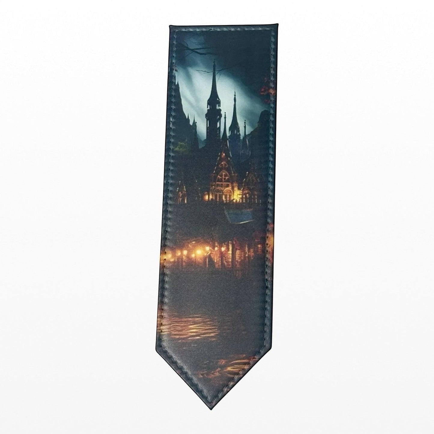Illustrated Solutions Store gothic castle bookmark with dark, moody sky and glowing windows.