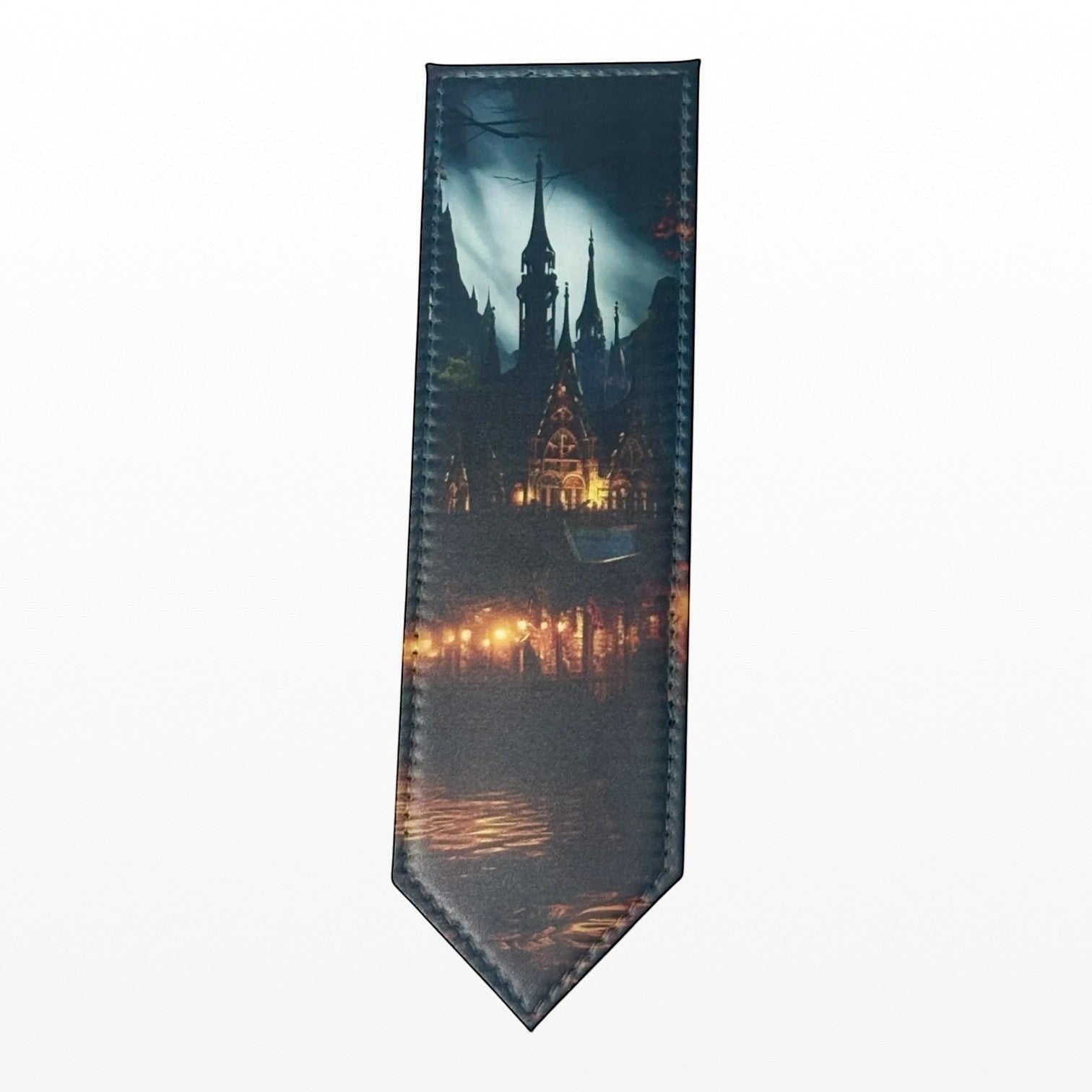 Illustrated Solutions Store gothic castle bookmark with dark, moody sky and glowing windows.