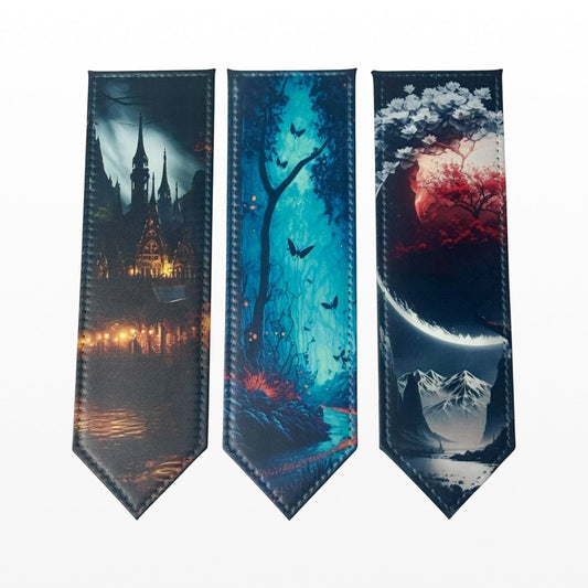 Illustrated Solutions Store gothic castle bookmark, dark fantasy art, PU leather, pointed tip.
