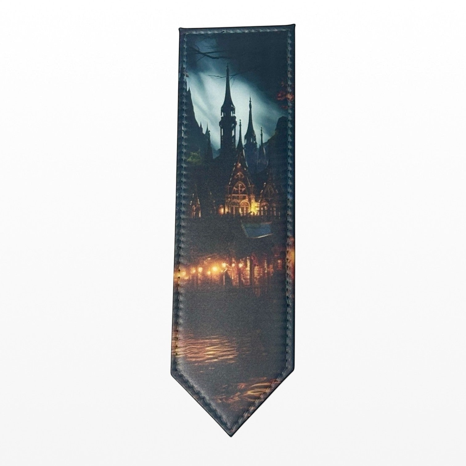 Illustrated Solutions Store gothic castle bookmark with glowing lights and reflections on water.