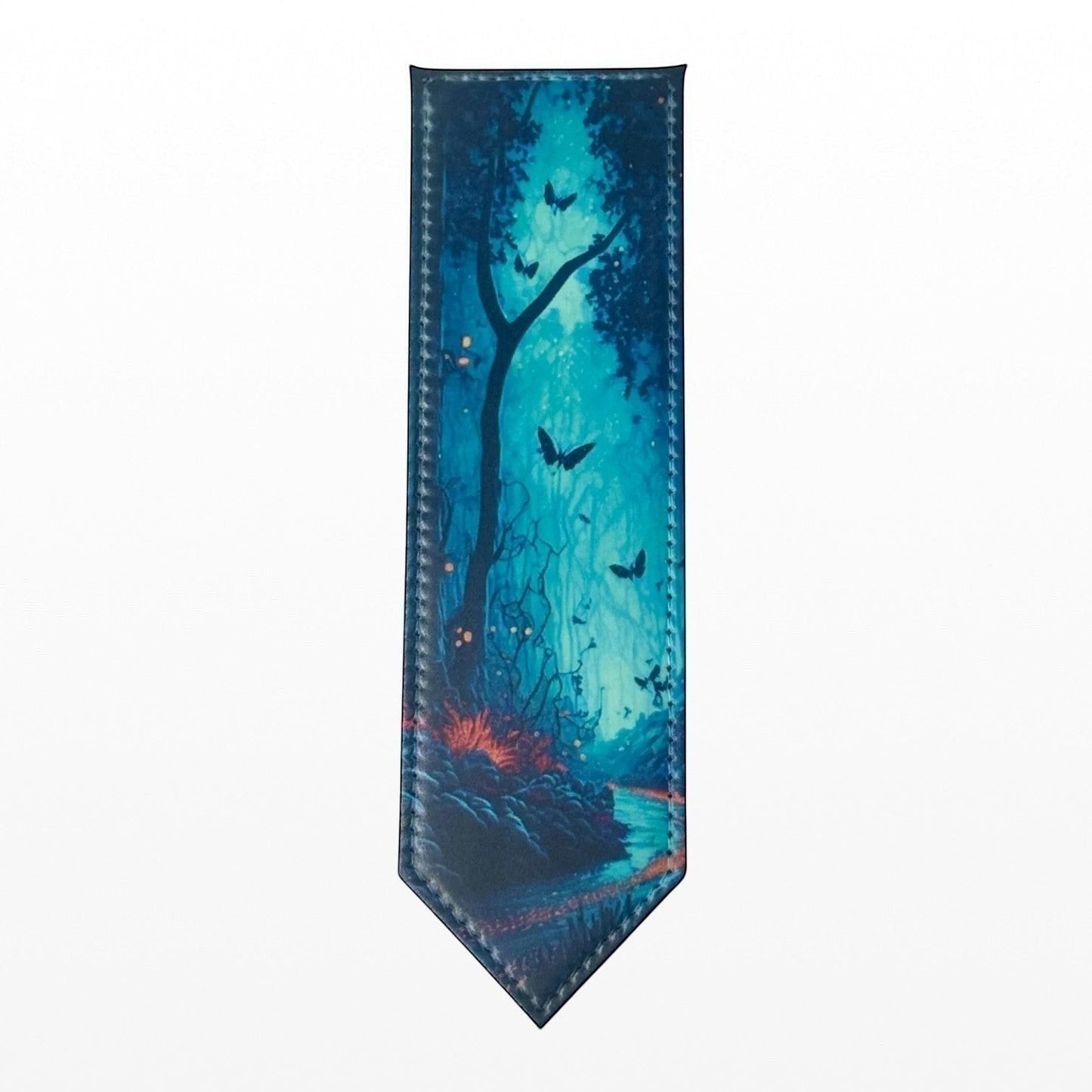 Illustrated Solutions Store gothic forest bookmark with bats and glowing lights, made of PU leather.