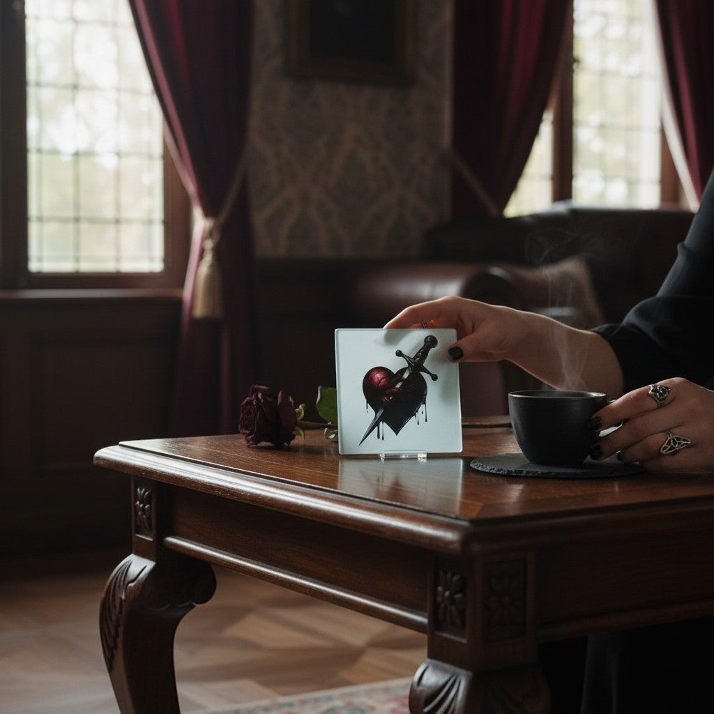 Illustrated Solutions Store Gothic Heart Dagger glass square coaster with a dark heart pierced by a dagger.