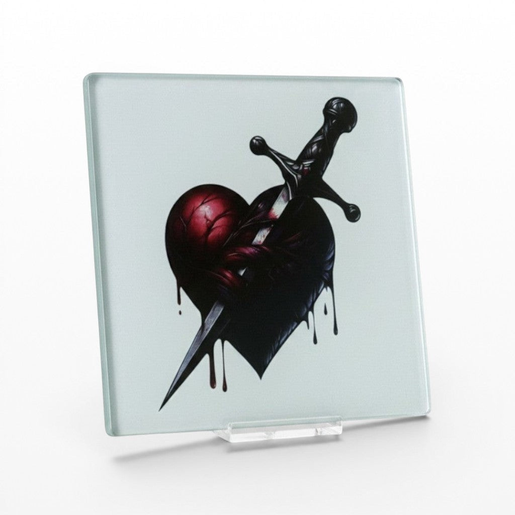 Illustrated Solutions Store gothic heart dagger glass square coaster. Features a dark, dripping heart pierced by a dagger.