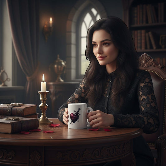 Illustrated Solutions Store white ceramic mug with a dark gothic heart pierced by a dagger design.