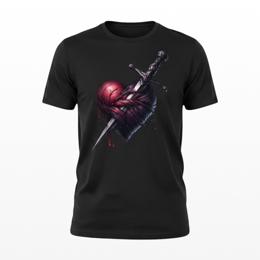 Illustrated Solutions Store black t-shirt with a striking heart and dagger graphic print. Gothic alternative style.