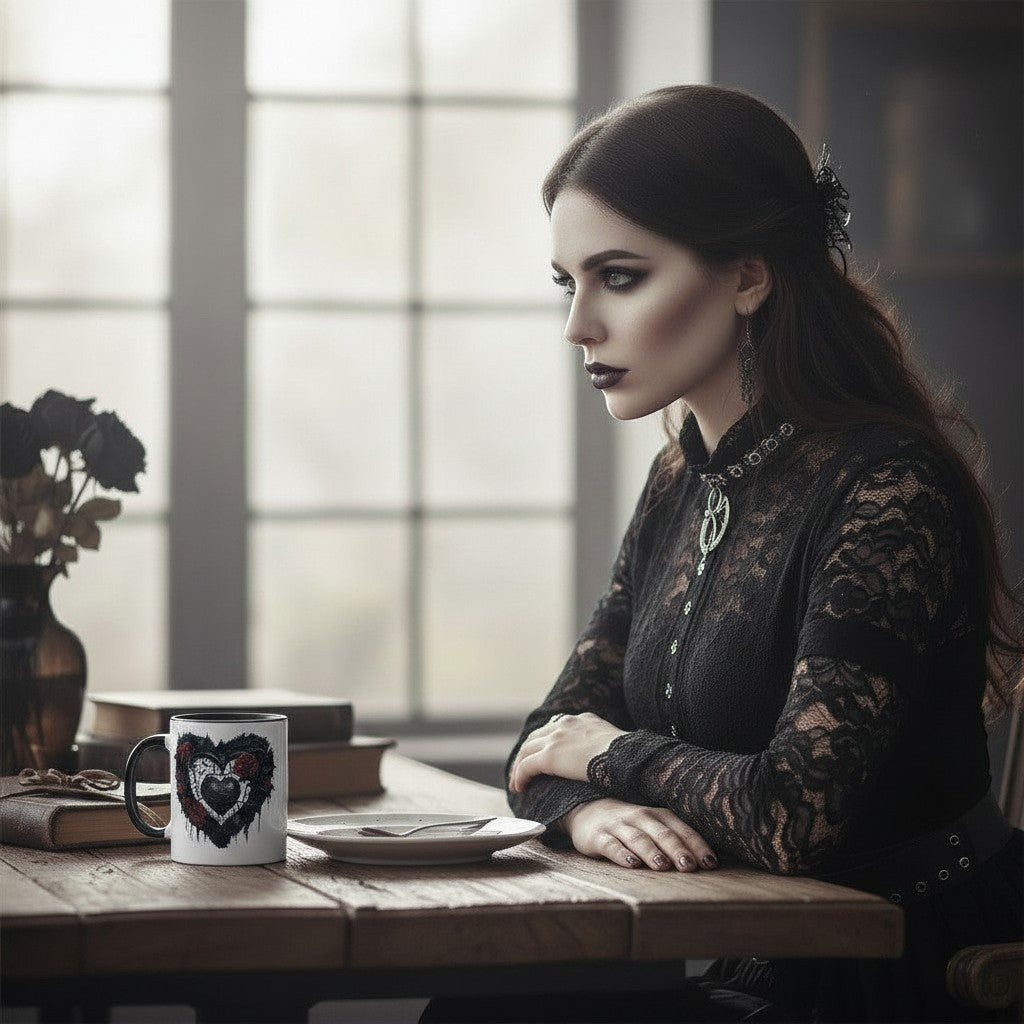 Illustrated Solutions Store Gothic Style Love Heart Mug with black and white design, featuring a distressed heart graphic.