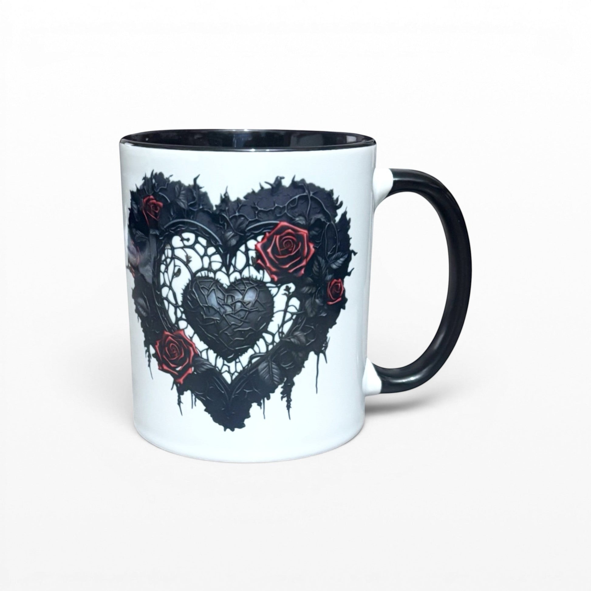 Illustrated Solutions Store Gothic Love Heart mug with black lace, red roses, and a dark heart design. White ceramic with black handle and interior.