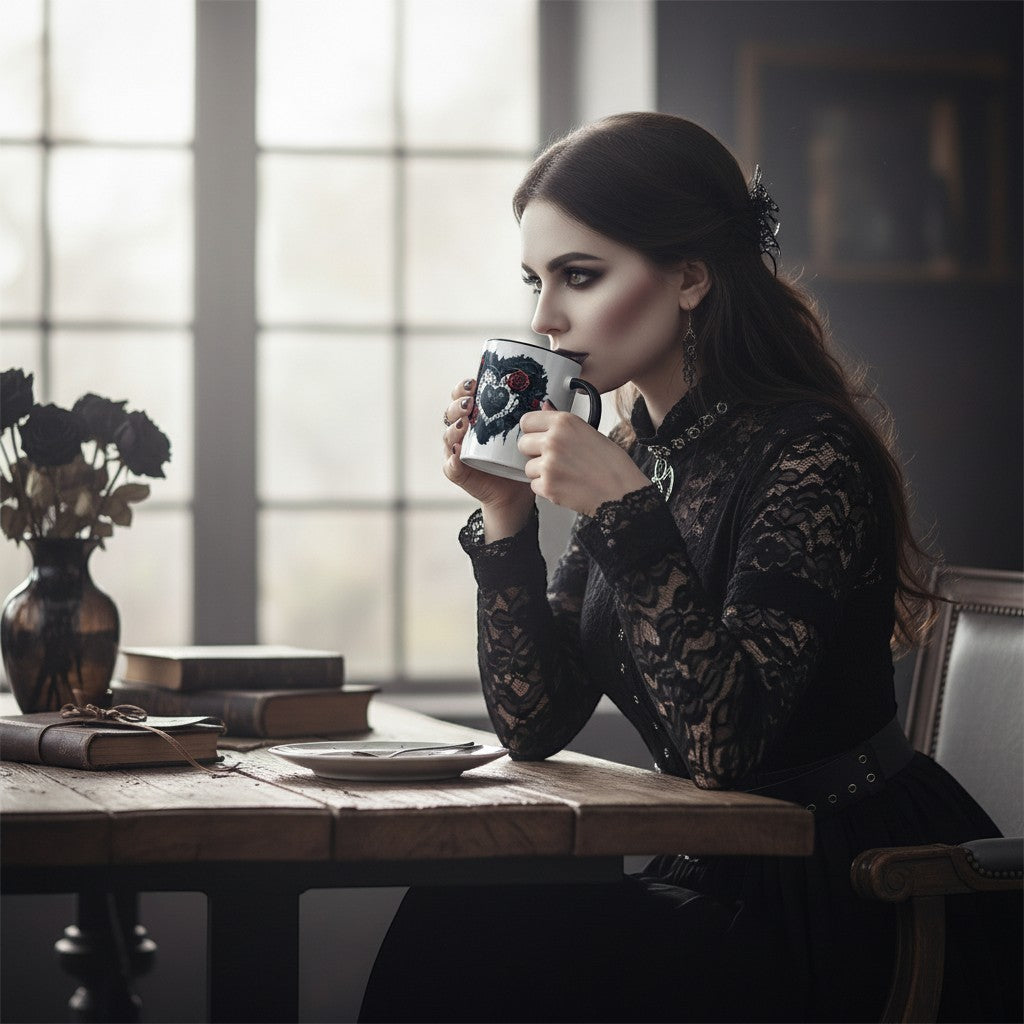 Illustrated Solutions Store Gothic Style Love Heart Mug with a dark rose design, held by a woman in gothic attire.