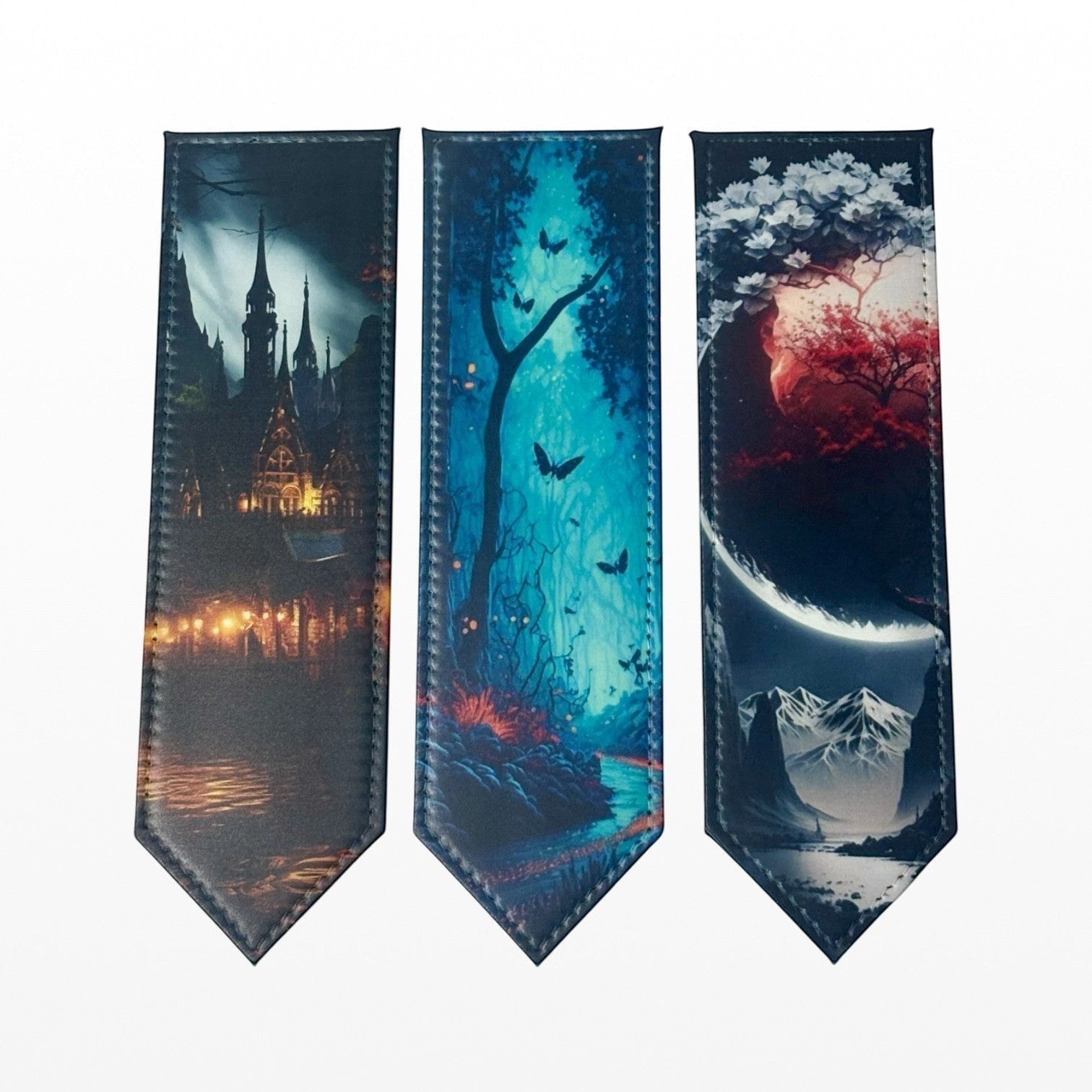 Illustrated Solutions Store set of 3 gothic PU leather bookmarks featuring fantasy architecture, forest, and landscape.