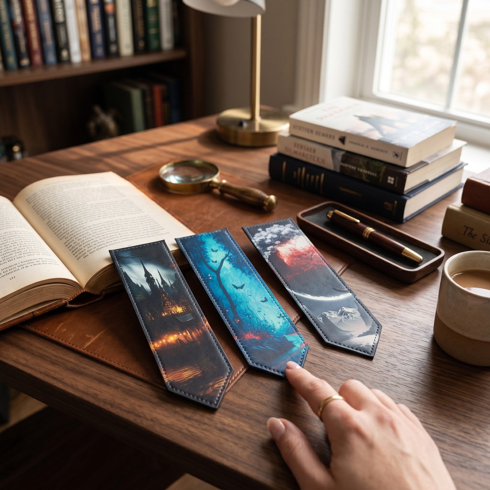 Illustrated Solutions Store set of 3 gothic PU leather bookmarks featuring fantasy, celestial, and dark art designs.