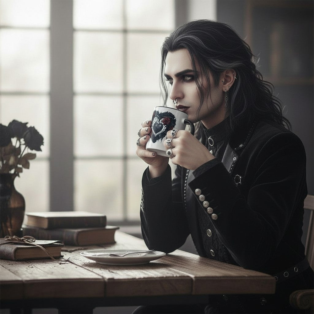 Illustrated Solutions Store Gothic Style Love Heart Mug with a dark aesthetic, featuring a red heart design. A man with dark hair and makeup drinks from the mug.
