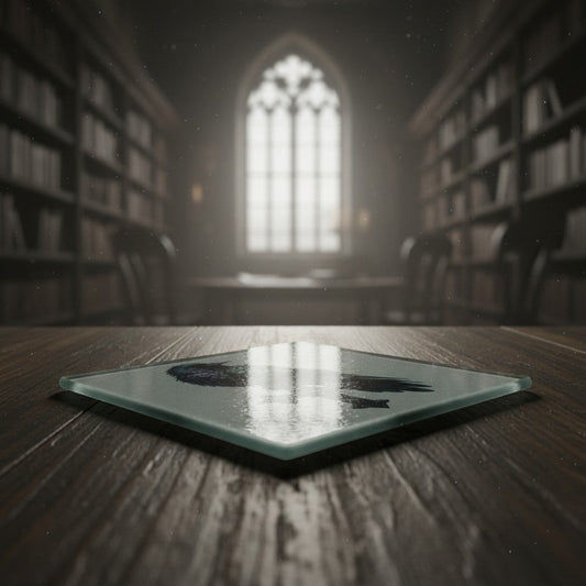 Illustrated Solutions Store gothic raven and cross glass square coaster on wooden table.