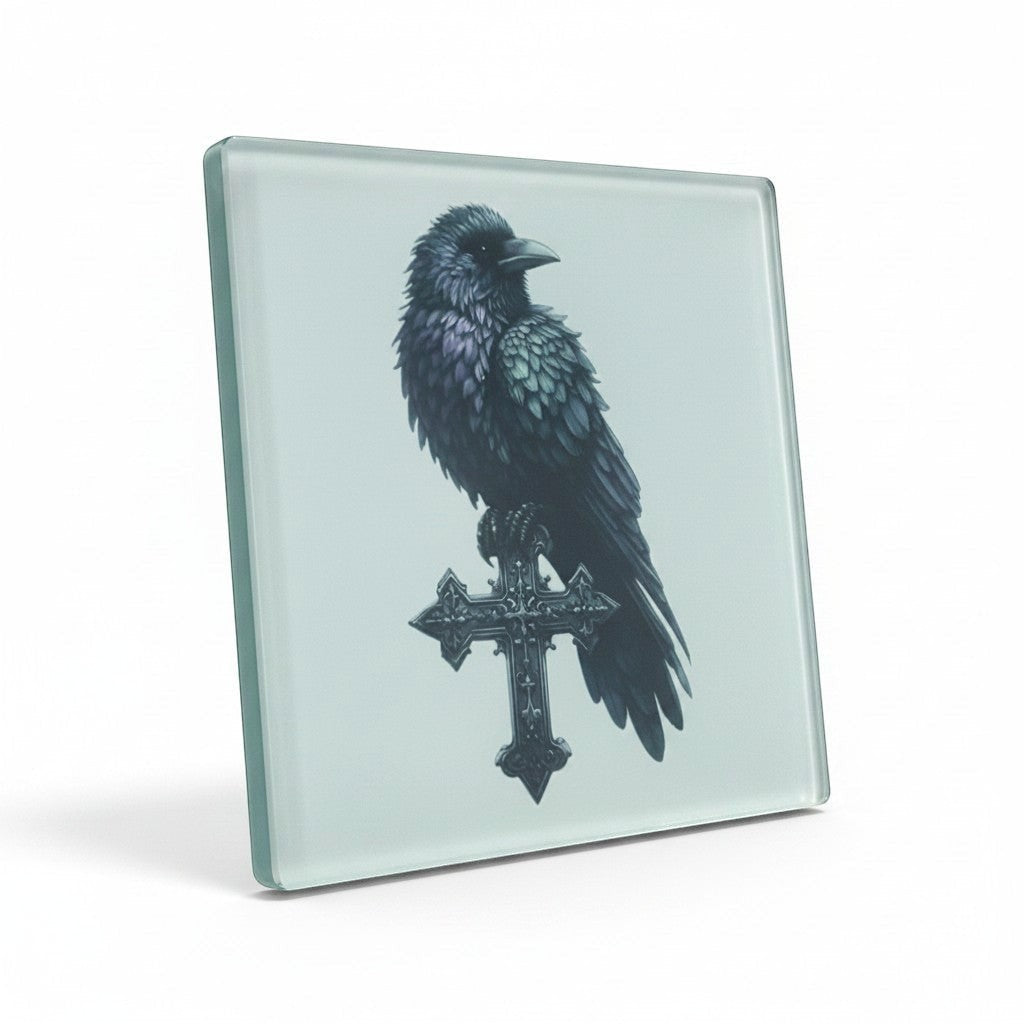 Illustrated Solutions Store gothic glass coaster with a black raven perched on an ornate cross.