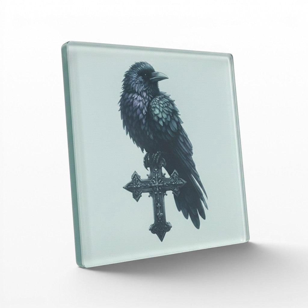 Illustrated Solutions Store gothic glass coaster with a black raven perched on a detailed cross.