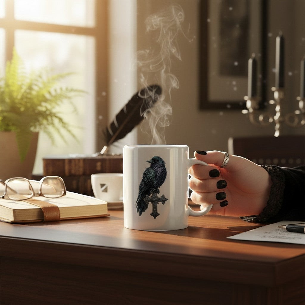 Illustrated Solutions Store white ceramic mug with a black raven perched on a gothic cross design. Steaming hot beverage.
