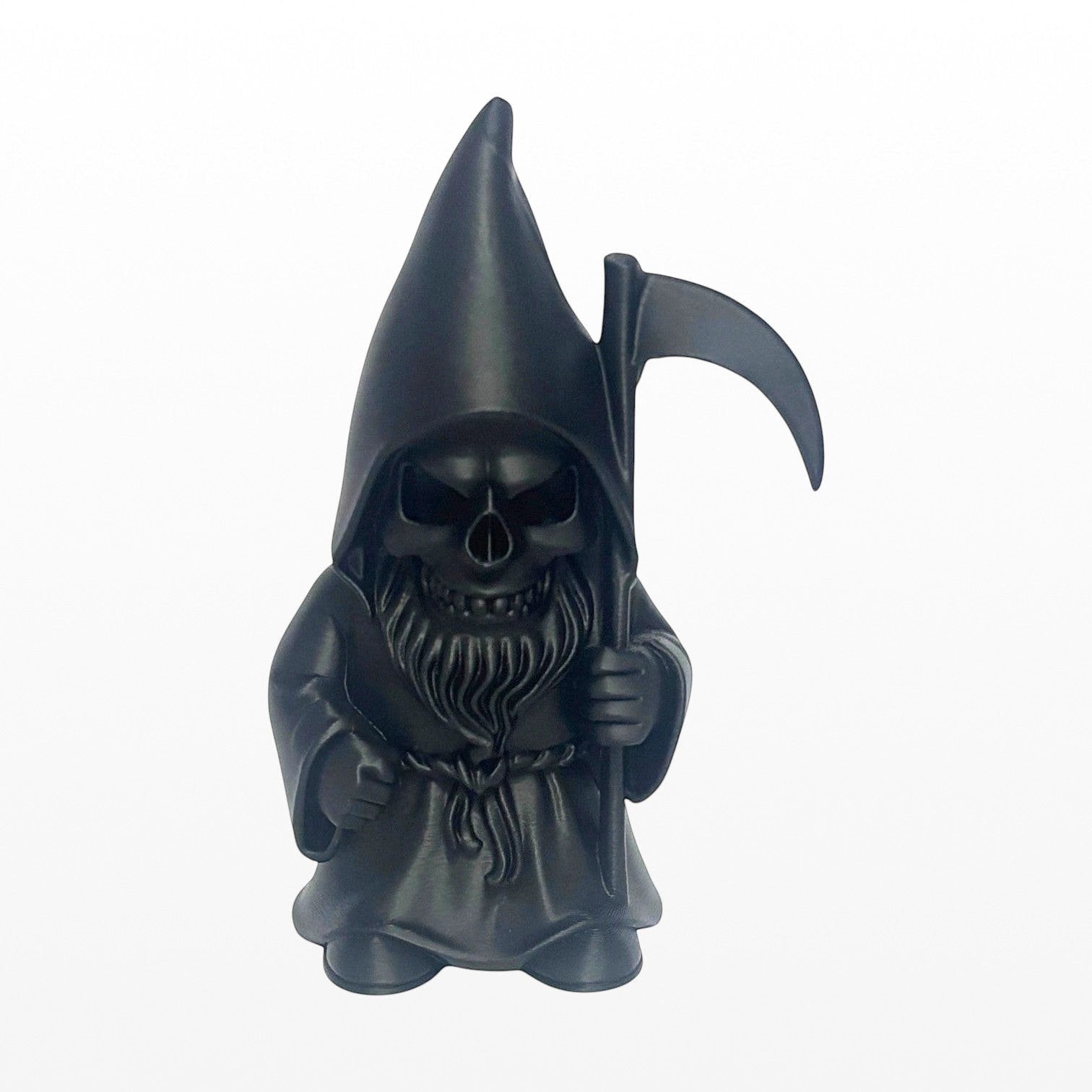 Illustrated Solutions Store black gothic grim reaper gnome figurine with scythe, hooded skull face, and beard.