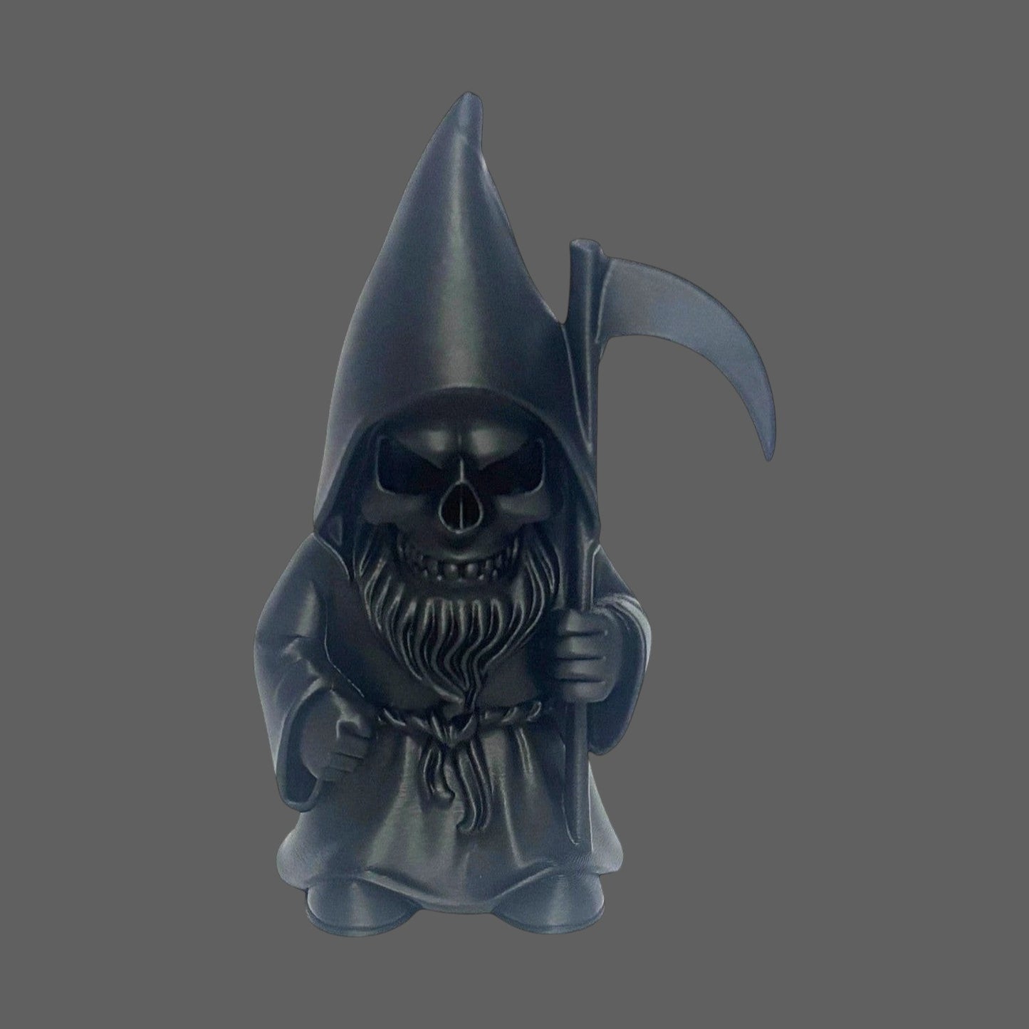 Illustrated Solutions Store black gothic grim reaper gnome figurine with skull face and scythe, detailed beard and robe.