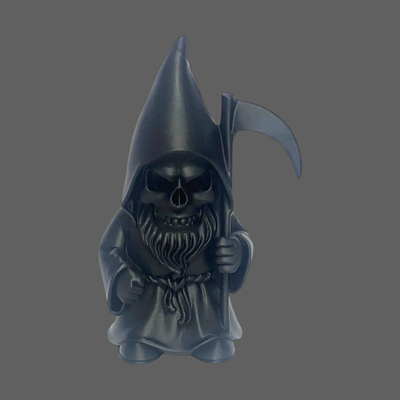 Illustrated Solutions Store black gothic grim reaper gnome figurine with skull face and scythe, detailed beard and robe.