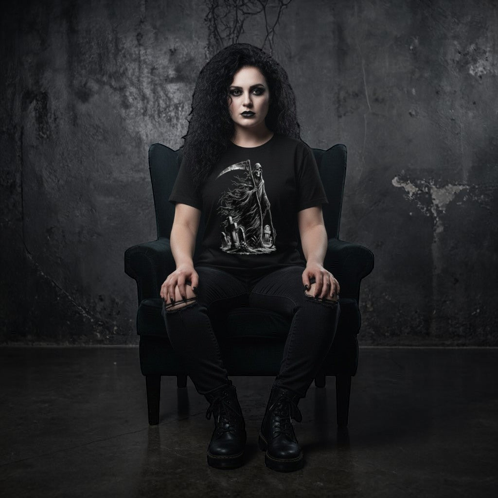 Illustrated Solutions Store black t-shirt with a detailed Grim Reaper and scythe graphic, surrounded by gravestones. Worn by a gothic woman.