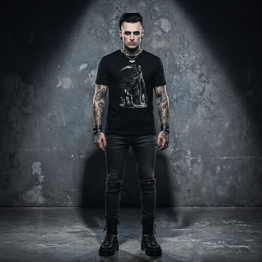 Illustrated Solutions Store black t-shirt with grim reaper skull graphic print, unisex fit.