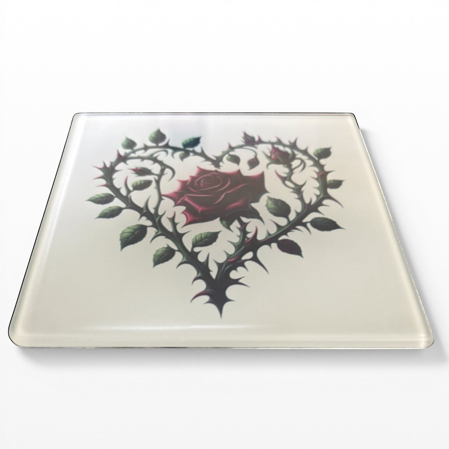 Illustrated Solutions Store gothic thorn rose heart glass coaster with a dark red rose.