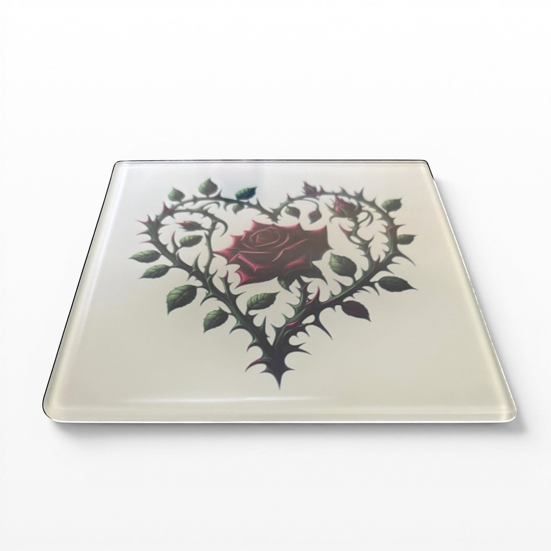 Illustrated Solutions Store gothic thorn rose heart glass coaster with a frosted finish.