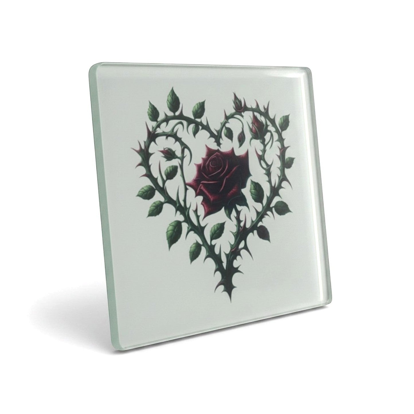 Illustrated Solutions Store gothic thorn rose heart glass coaster with a dark red rose centre.