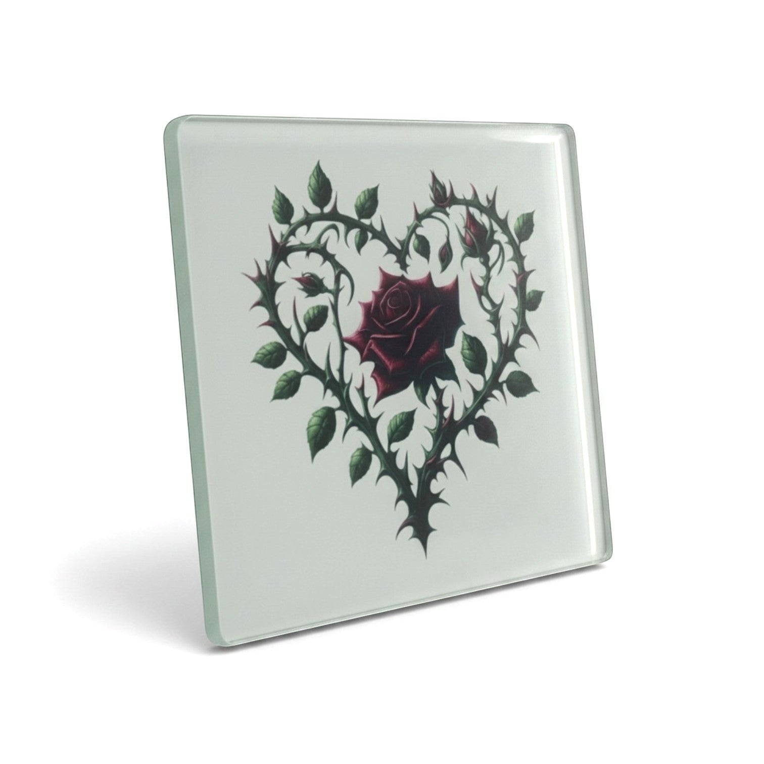 Illustrated Solutions Store gothic thorn rose heart glass coaster with a dark red rose centre.