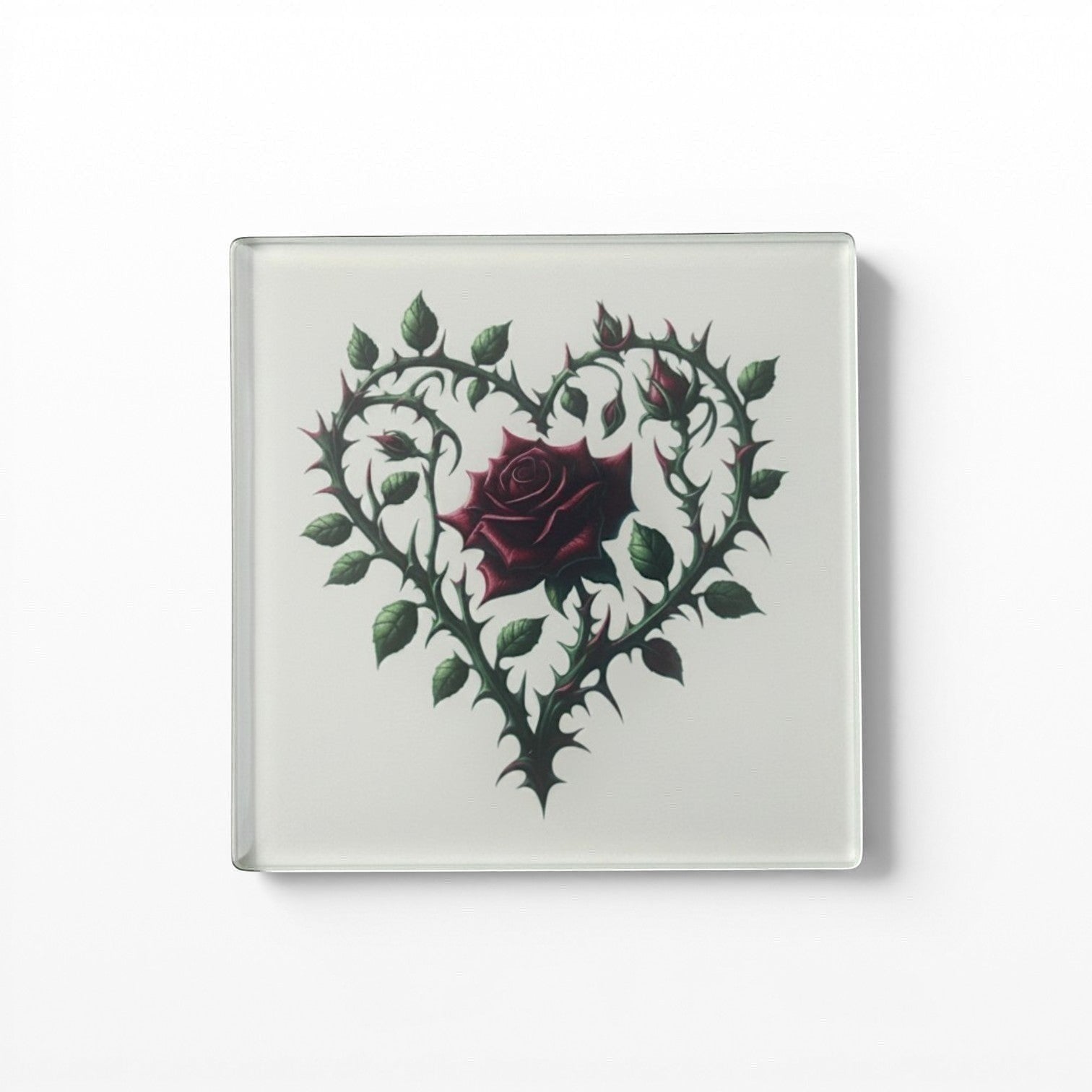 Illustrated Solutions Store gothic thorn rose heart glass square coaster with deep red rose.