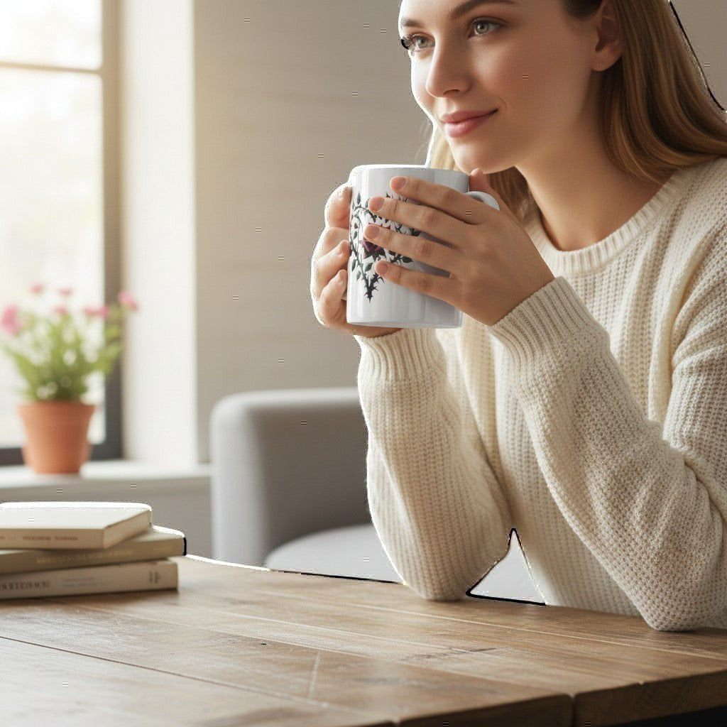 Woman in a cozy setting holding a mug, wearing a white sweater.
