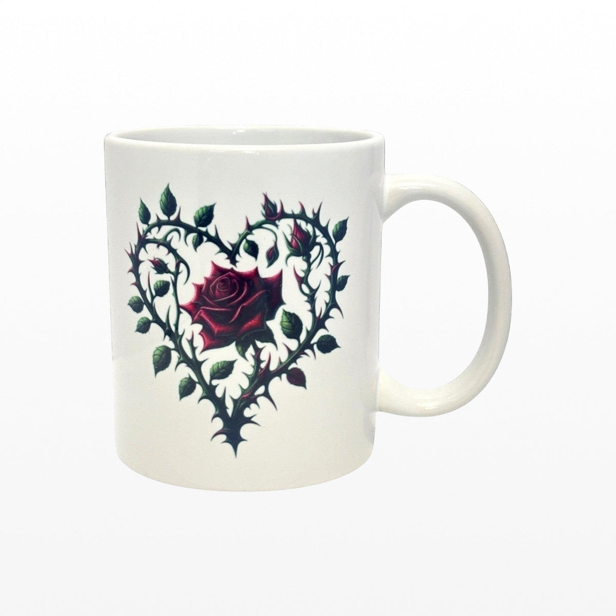 White mug with a heart-shaped design featuring a rose on a white background