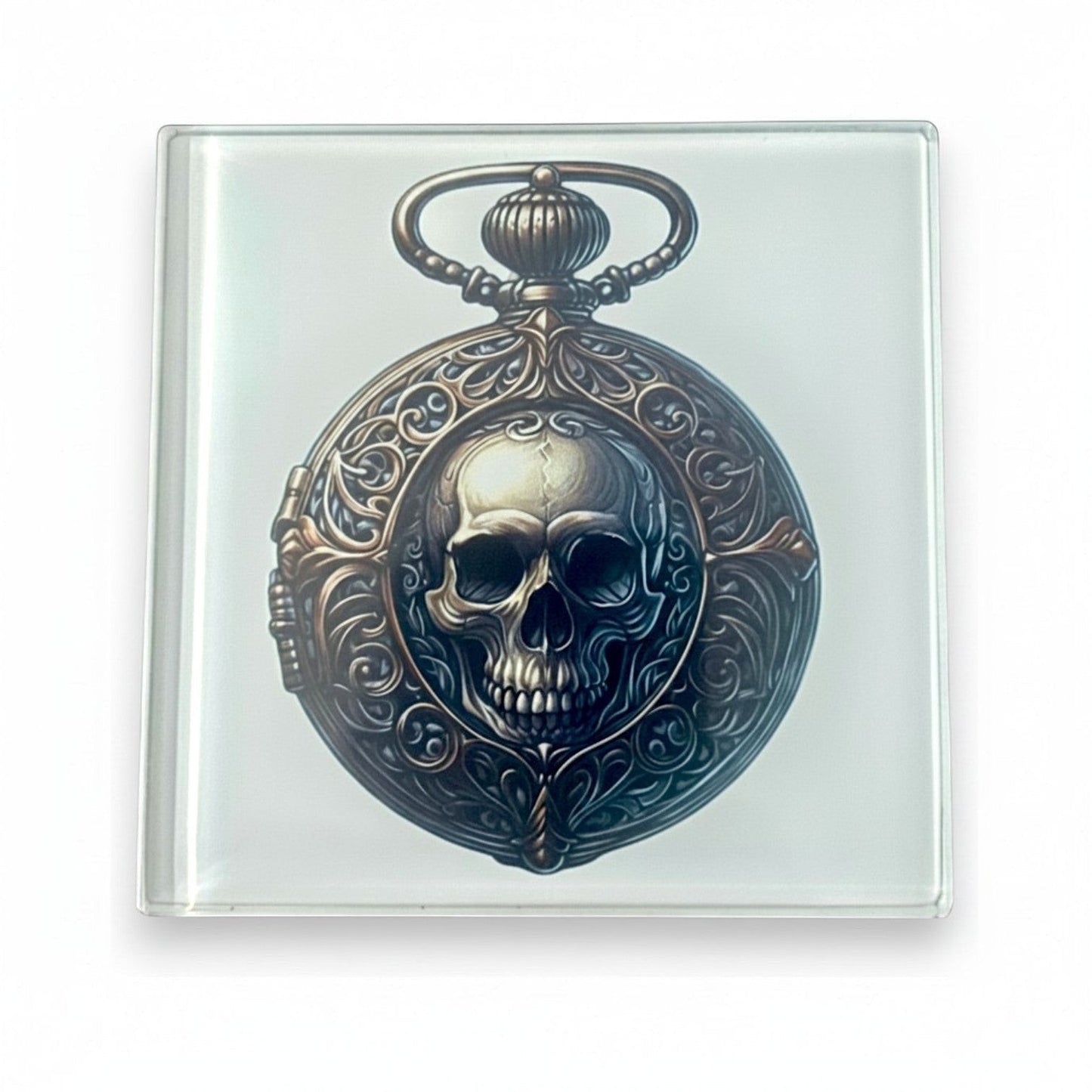 Illustrated Solutions Store gothic skull pocket watch glass square coaster with ornate vintage detail.
