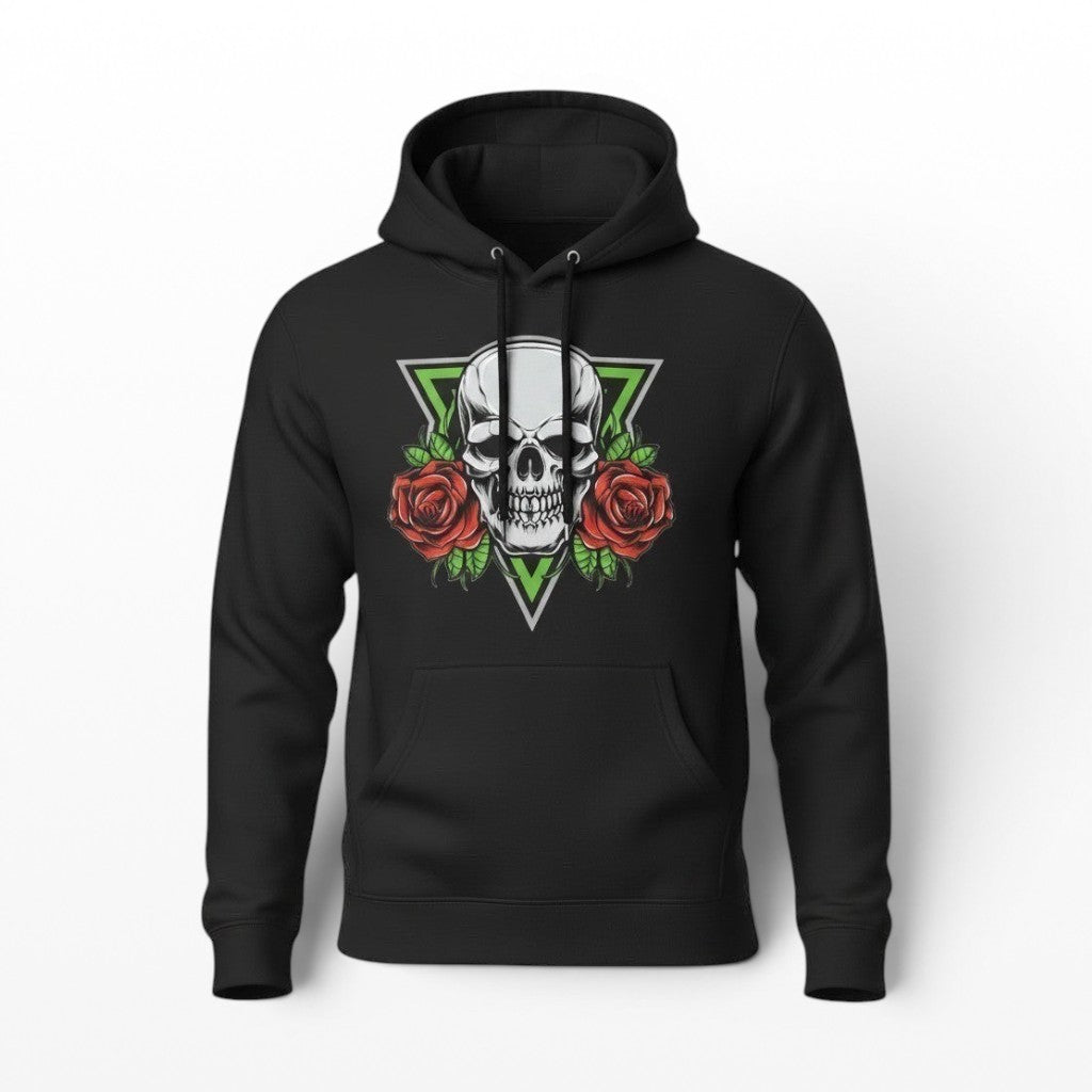 Illustrated Solutions Store black gothic hoodie with a white skull and red roses design on a green triangle.