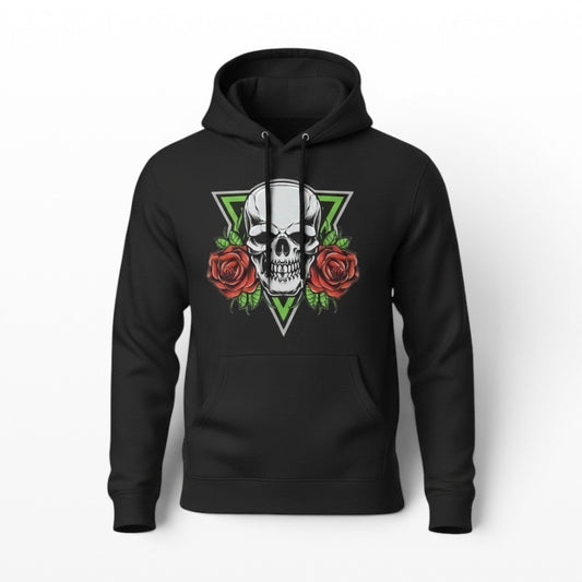 Illustrated Solutions Store black gothic hoodie with a white skull and red roses design on a green triangle.
